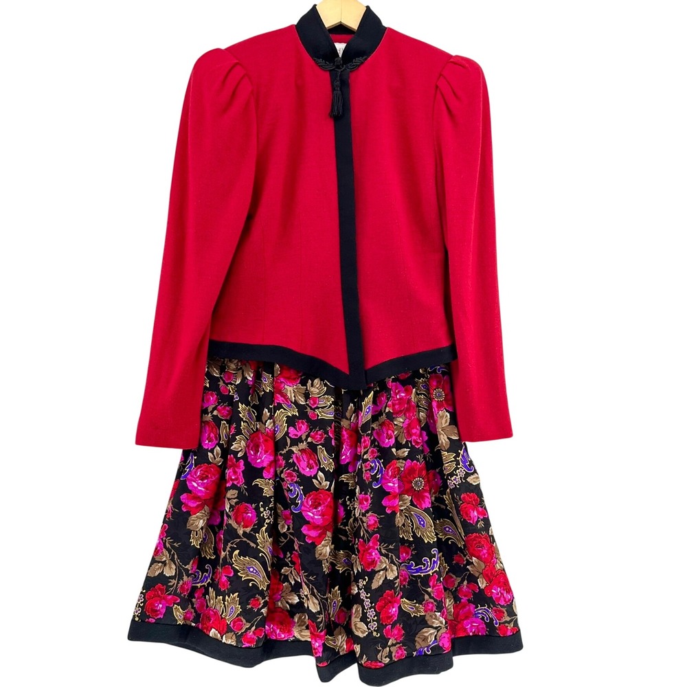 VTG Richard Warren Red Wool Blazer Black Floral Silk Skirt Set SZ 4 Flowercore